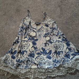 Freshman Blue and Cream Floral Camisole with Lace Trim